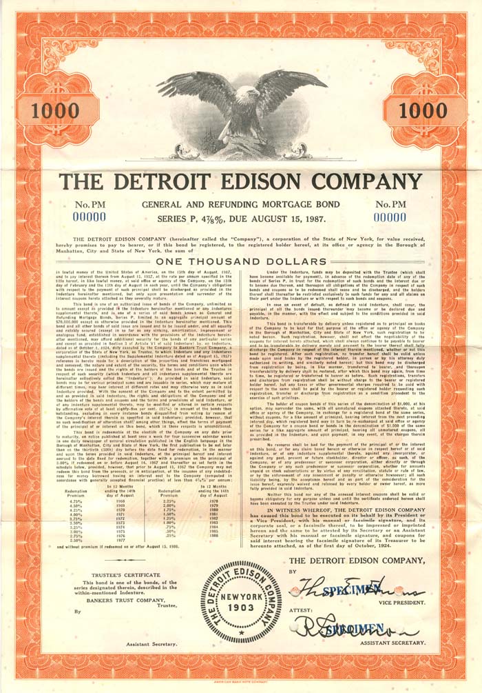 Detroit Edison company $1000 Bond